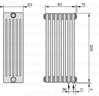 Схема (чертеж) Радиатор Zehnder Charleston 6220/7 №5510 Белый глянцевый RAL 9016